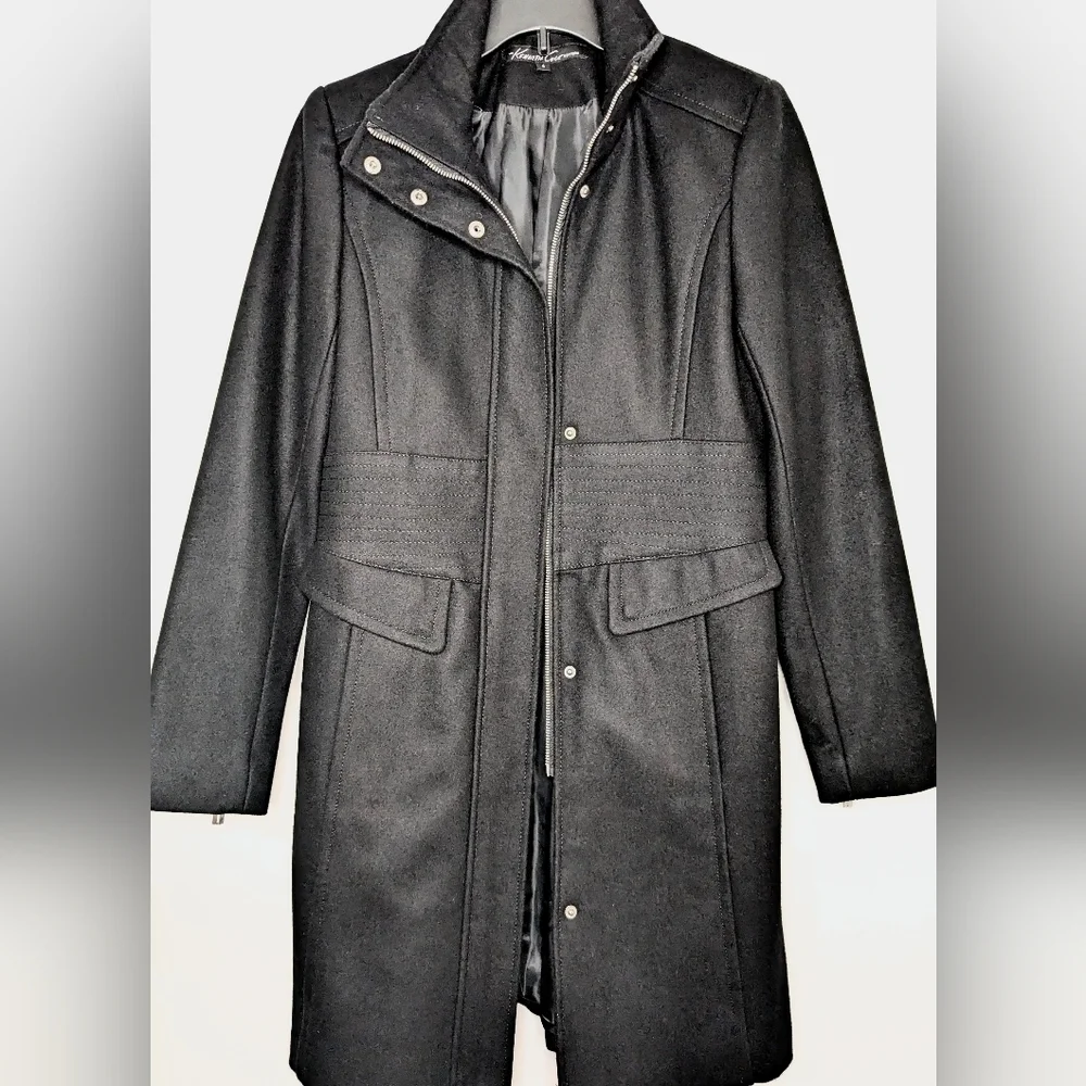 Stunning Kenneth Cole NY Black Stand Collar Wool Blend Walker Coat - Picture 5 of 11